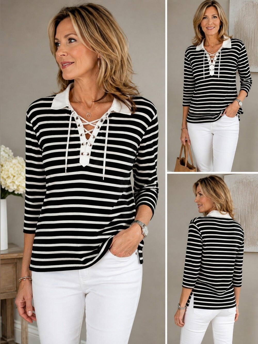 Jones New York Black & White Striped Lace-Up Collared Top Naurical Preppy Large
